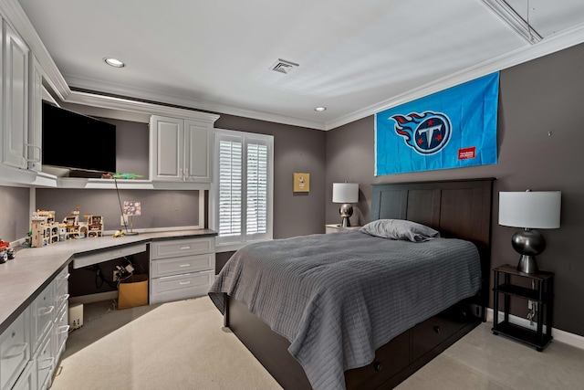 bedroom featuring crown molding, light colored carpet, and recessed lighting