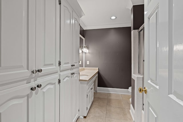 full bathroom with vanity, baseboards, toilet, tile patterned flooring, and recessed lighting
