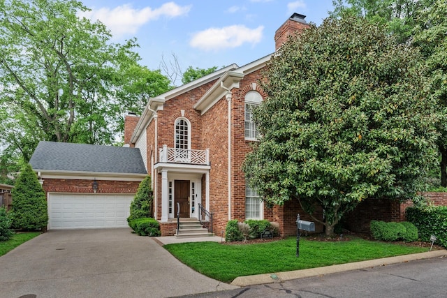 colonial home featuring a chimney, a garage, driveway, and brick siding