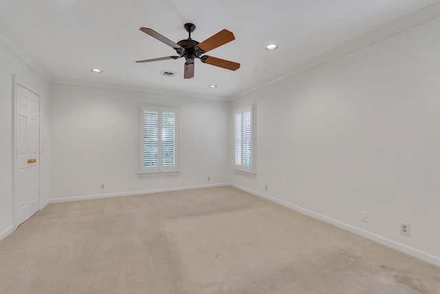 unfurnished room featuring ornamental molding, baseboards, ceiling fan, recessed lighting, and light carpet