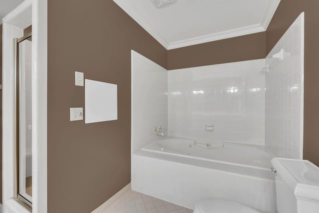full bath with toilet, a shower with door, a tub, crown molding, and tile patterned flooring