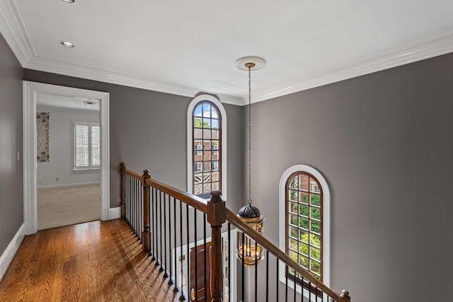 hallway featuring an upstairs landing, wood finished floors, plenty of natural light, baseboards, and ornamental molding