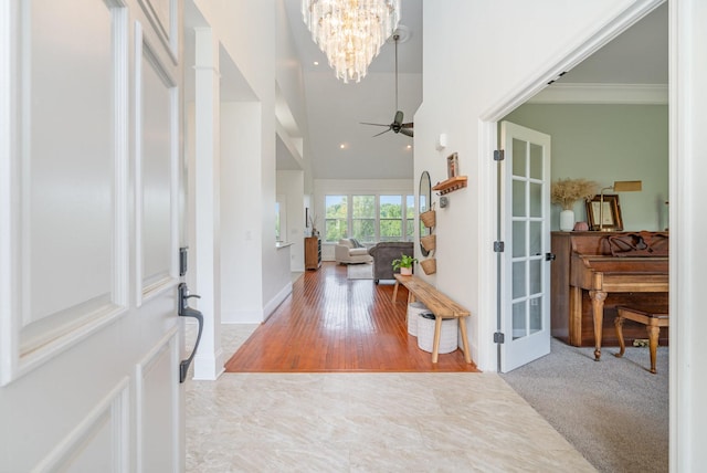 4851 Bethesda Duplex Rd, College Grove, TN 37046 - entryway featuring a chandelier, ceiling fan, crown molding, french doors, and baseboards