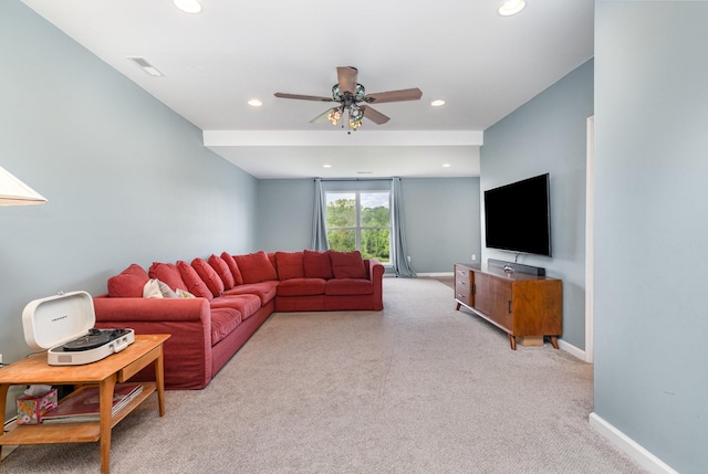 4851 Bethesda Duplex Rd, College Grove, TN 37046 - living area with a ceiling fan, light carpet, recessed lighting, and baseboards