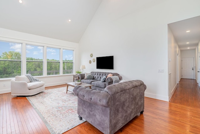 4851 Bethesda Duplex Rd, College Grove, TN 37046 - living room featuring light wood finished floors, baseboards, high vaulted ceiling, and recessed lighting