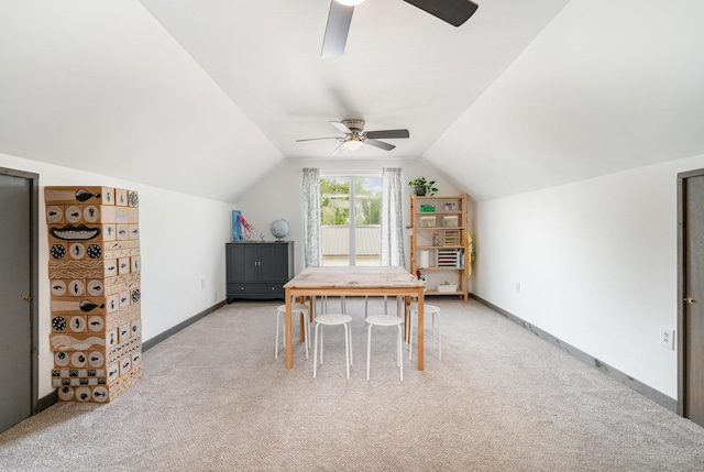 4851 Bethesda Duplex Rd, College Grove, TN 37046 - dining room with a ceiling fan, light carpet, vaulted ceiling, and baseboards
