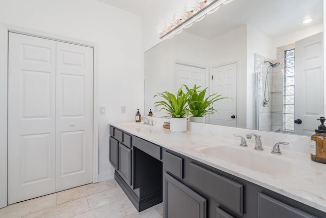 4851 Bethesda Duplex Rd, College Grove, TN 37046 - full bathroom featuring a tile shower, double vanity, and tile patterned flooring