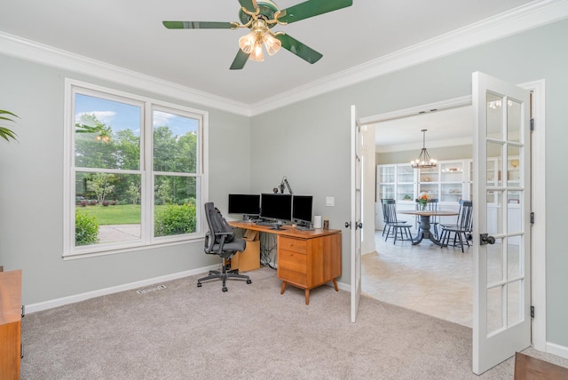 4851 Bethesda Duplex Rd, College Grove, TN 37046 - carpeted home office featuring crown molding, a chandelier, ceiling fan, baseboards, and french doors