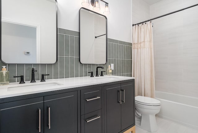 4851 Bethesda Duplex Rd, College Grove, TN 37046 - bathroom with toilet, double vanity, and shower / bath combination with curtain