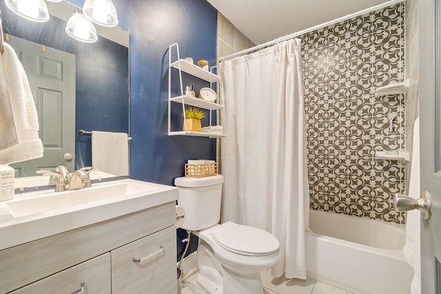 full bath featuring toilet, shower / bath combo, vanity, and tile patterned flooring