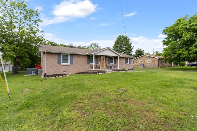 ranch-style house with a porch, brick siding, and crawl space
