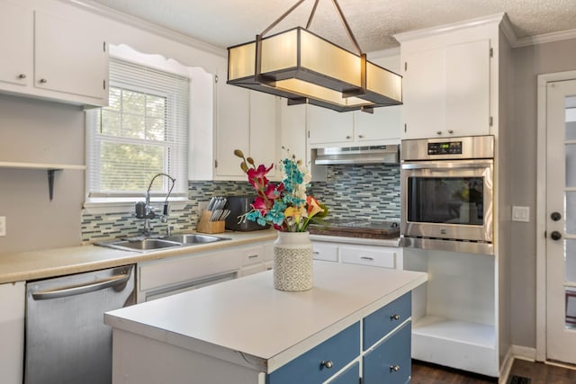 kitchen with appliances with stainless steel finishes, a sink, under cabinet range hood, ornamental molding, and blue cabinets
