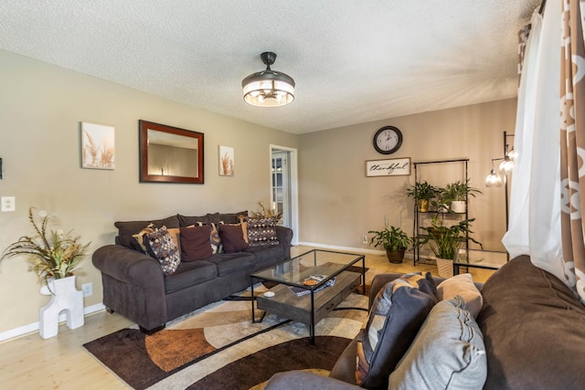 living room with wood finished floors, a textured ceiling, and baseboards