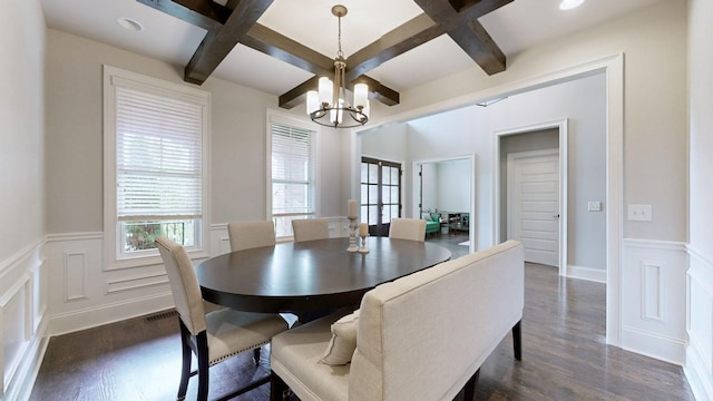 203 W Chandler Ct, Mount Juliet, TN 37122 - dining room with coffered ceiling, wainscoting, dark wood-type flooring, beamed ceiling, and a chandelier