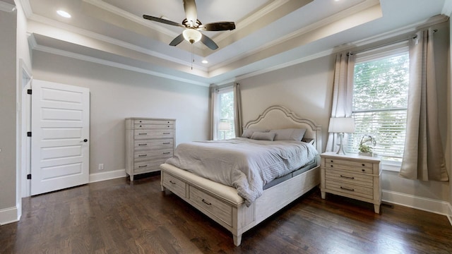 203 W Chandler Ct, Mount Juliet, TN 37122 - bedroom featuring baseboards, dark wood-style flooring, a tray ceiling, crown molding, and a ceiling fan