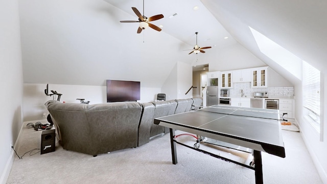 203 W Chandler Ct, Mount Juliet, TN 37122 - game room featuring ceiling fan, lofted ceiling, light colored carpet, a sink, and a skylight