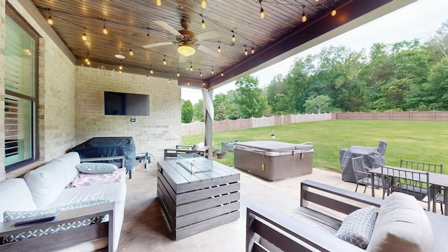 203 W Chandler Ct, Mount Juliet, TN 37122 - view of patio with an outdoor hangout area, a hot tub, a ceiling fan, and outdoor dining space