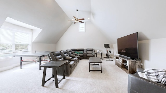 203 W Chandler Ct, Mount Juliet, TN 37122 - living area with vaulted ceiling, a ceiling fan, light carpet, and baseboards