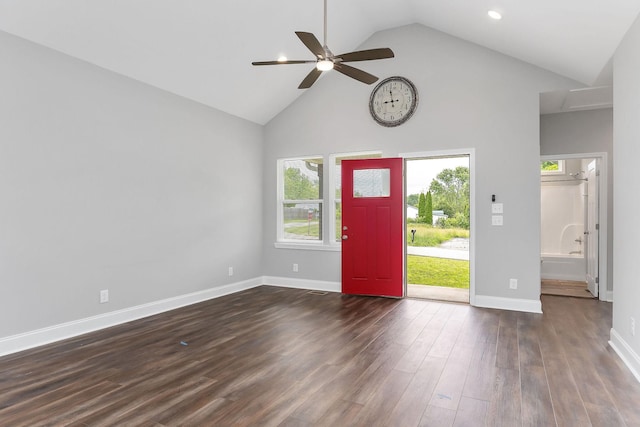 201 Hayes St, Smithville, TN 37166 - entrance foyer with high vaulted ceiling, a ceiling fan, dark wood-style floors, and baseboards