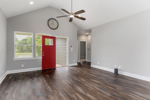 201 Hayes St, Smithville, TN 37166 - entryway featuring high vaulted ceiling, ceiling fan, baseboards, wood finished floors, and recessed lighting