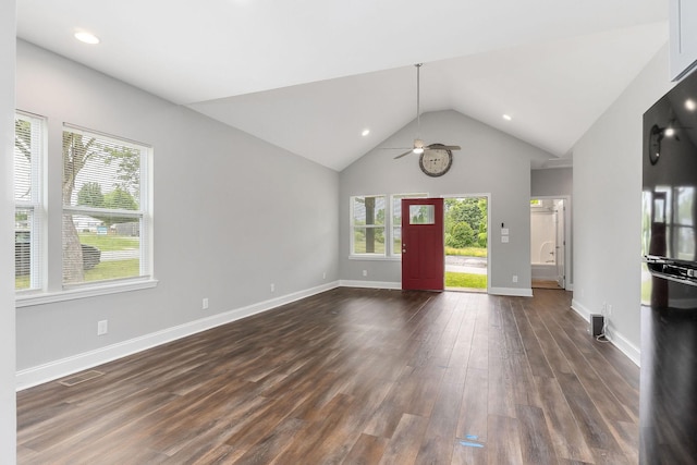 201 Hayes St, Smithville, TN 37166 - unfurnished living room with ceiling fan, dark wood-type flooring, lofted ceiling, baseboards, and recessed lighting