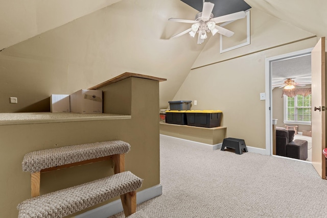 102 Lorelle Cir, Portland, TN 37148 - living area featuring ceiling fan, vaulted ceiling, carpet flooring, and baseboards