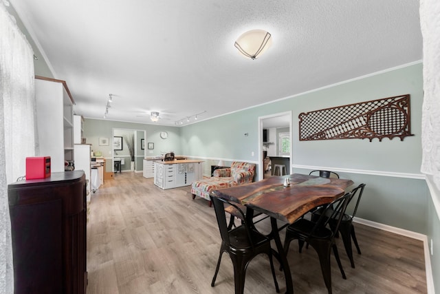 1205 Parker Dr, Pulaski, TN 38478 - dining space featuring rail lighting, light wood-style floors, a textured ceiling, and crown molding