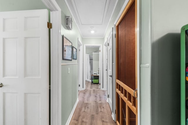 1205 Parker Dr, Pulaski, TN 38478 - corridor featuring attic access, crown molding, light wood finished floors, and baseboards