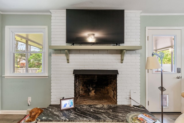 1205 Parker Dr, Pulaski, TN 38478 - detailed view of crown molding, baseboards, a fireplace, and wood finished floors