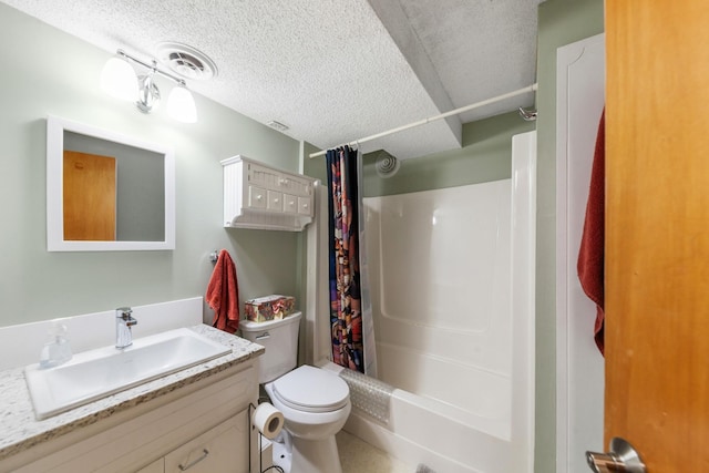 1205 Parker Dr, Pulaski, TN 38478 - bathroom with toilet, a textured ceiling, vanity, and shower / bathtub combination with curtain