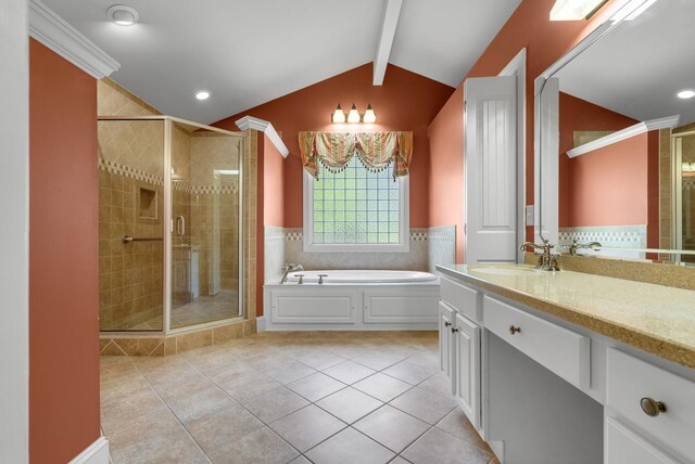 220 Porters Bluff Rd, Clarksville, TN 37040 - full bath with tile patterned floors, a shower stall, vanity, a garden tub, and recessed lighting