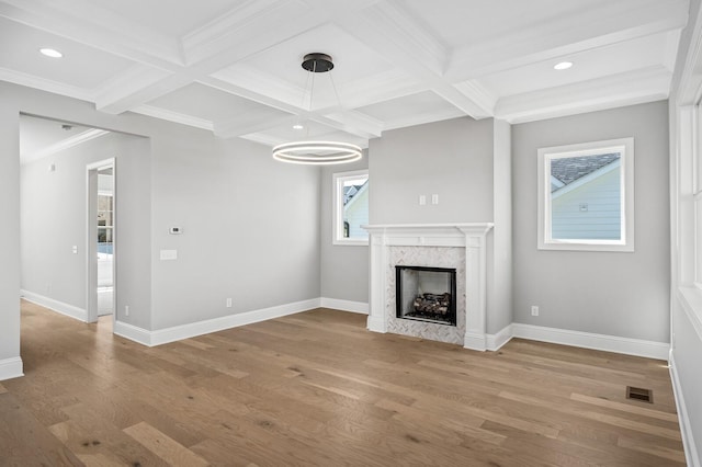 129 Barlow Dr, Franklin, TN 37064 - unfurnished living room featuring coffered ceiling, wood finished floors, beamed ceiling, a high end fireplace, and recessed lighting