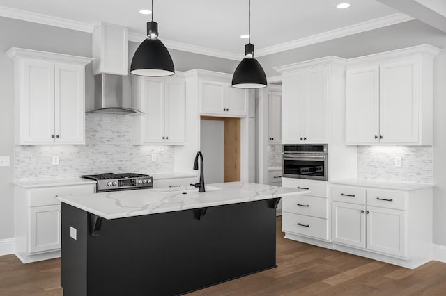 129 Barlow Dr, Franklin, TN 37064 - kitchen featuring appliances with stainless steel finishes, dark wood-style flooring, white cabinets, recessed lighting, and crown molding