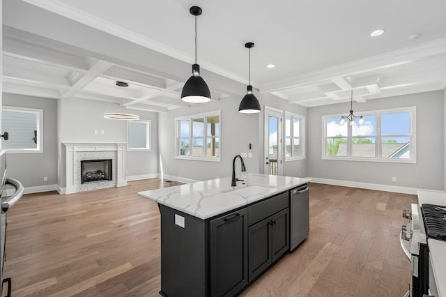 129 Barlow Dr, Franklin, TN 37064 - kitchen featuring coffered ceiling, a sink, appliances with stainless steel finishes, open floor plan, and baseboards
