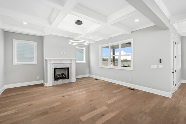 129 Barlow Dr, Franklin, TN 37064 - unfurnished living room featuring coffered ceiling, beam ceiling, a premium fireplace, baseboards, and wood finished floors