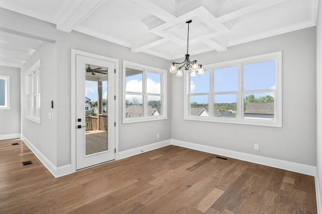 129 Barlow Dr, Franklin, TN 37064 - unfurnished dining area featuring coffered ceiling, wood finished floors, beam ceiling, baseboards, and a chandelier