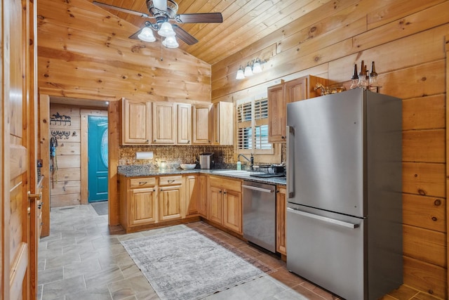 10120 Lascassas Pike, Lascassas, TN 37085 - kitchen with appliances with stainless steel finishes, vaulted ceiling, wooden ceiling, wooden walls, and ceiling fan