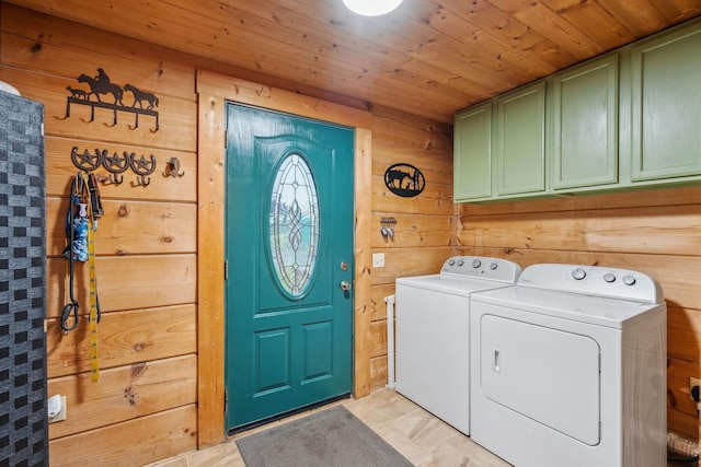 10120 Lascassas Pike, Lascassas, TN 37085 - laundry room featuring cabinet space, separate washer and dryer, wooden ceiling, and wooden walls