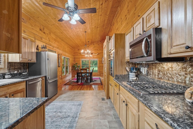 10120 Lascassas Pike, Lascassas, TN 37085 - kitchen with appliances with stainless steel finishes, stone finish flooring, backsplash, wooden ceiling, and a chandelier