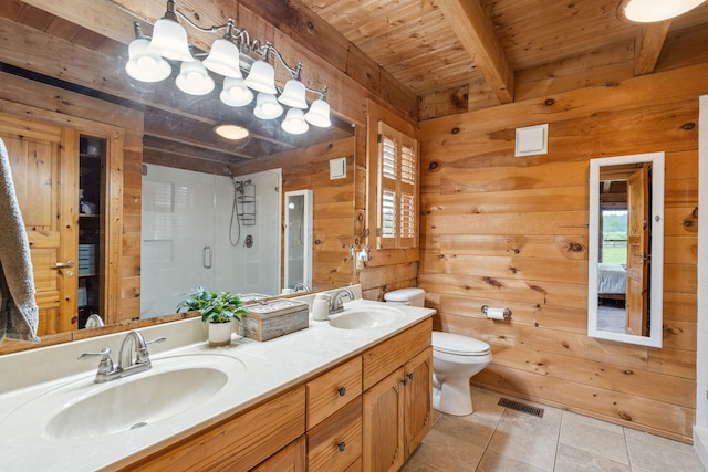 10120 Lascassas Pike, Lascassas, TN 37085 - full bath featuring wood walls, toilet, a shower stall, tile patterned flooring, and wooden ceiling with exposed beams