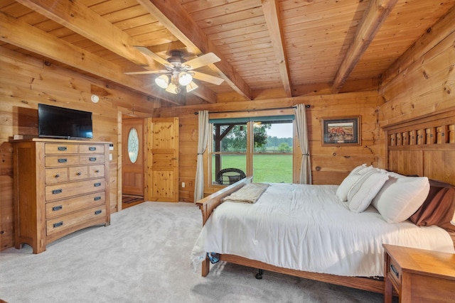 10120 Lascassas Pike, Lascassas, TN 37085 - carpeted bedroom with access to exterior, wood walls, and wooden ceiling with exposed beams