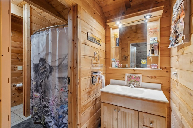 10120 Lascassas Pike, Lascassas, TN 37085 - bathroom with wooden walls, wooden ceiling, vanity, a shower with curtain, and tile patterned floors