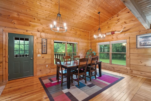 10120 Lascassas Pike, Lascassas, TN 37085 - dining area featuring a chandelier, light wood-style floors, wooden ceiling, healthy amount of natural light, and wooden walls