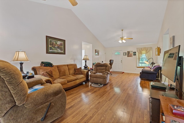 111 Hickory Trce, Lyles, TN 37098 - living area with a ceiling fan, light wood-style flooring, high vaulted ceiling, and baseboards
