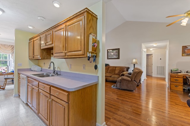 111 Hickory Trce, Lyles, TN 37098 - kitchen with a sink, white dishwasher, ceiling fan, open floor plan, and vaulted ceiling