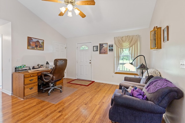 111 Hickory Trce, Lyles, TN 37098 - home office featuring lofted ceiling, light wood finished floors, a ceiling fan, and baseboards