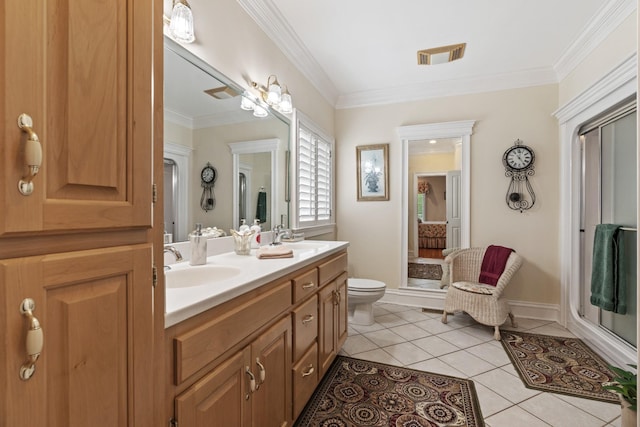 2039 Sparta Pike, Lebanon, TN 37090 - full bath featuring ornamental molding, double vanity, tile patterned flooring, a shower stall, and toilet