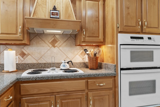 2039 Sparta Pike, Lebanon, TN 37090 - kitchen featuring white appliances, tasteful backsplash, and custom exhaust hood