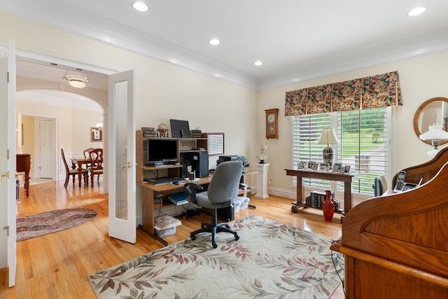 2039 Sparta Pike, Lebanon, TN 37090 - office with crown molding, arched walkways, light wood-style floors, and recessed lighting