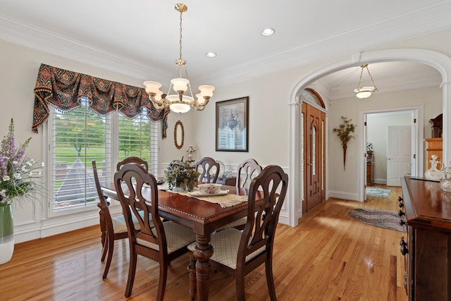 2039 Sparta Pike, Lebanon, TN 37090 - dining area featuring arched walkways, a chandelier, light wood-type flooring, ornamental molding, and recessed lighting